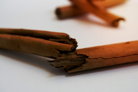 cinnamon branch split in foreground on white background out of focus and with copy space