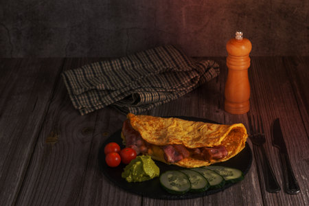 bacon omelet on a round black slate with tomato, guacamole and cucumber garnish with pepper shaker and cutlery on a wooden tableの写真素材