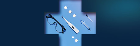 Medical classic blue web banner with different accessories: syringe, tablets, thermometer, glasses lying in a carved medical cross.の写真素材