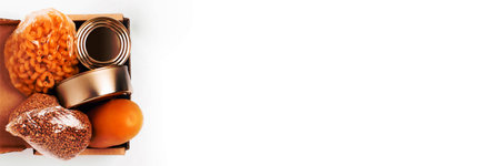 Contactless set of finished product set. Web banner with grocery box and a hand in a medical glove.の写真素材