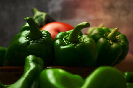 green peppers , tomatoes and eggplant fresh seasonal vegetablesの写真素材