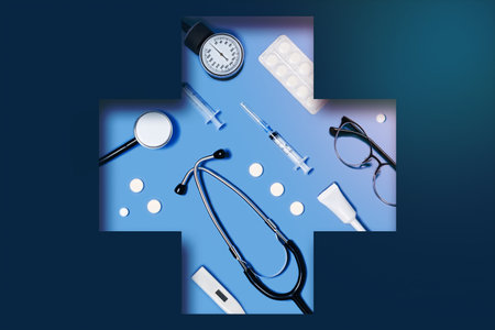 Medical classic blue background with different accessories: stethoscope, syringe and tablets lying in a carved medical cross.の写真素材