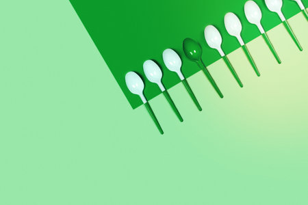 Picture of white plastic spoons on blue background. Flat lay, top view, copy space.の写真素材