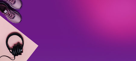 Sports equipment and shoes for women's training. Pink-purple web-banner, diagonal composition.の写真素材