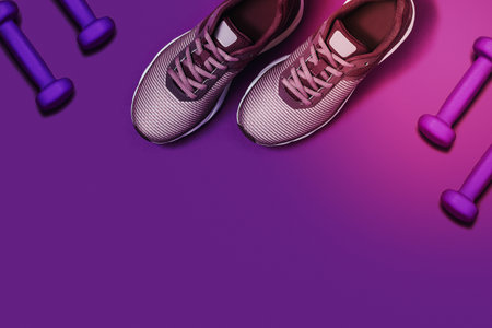 Purple background with sneakers and dumbbels. Flat lay picture.の写真素材