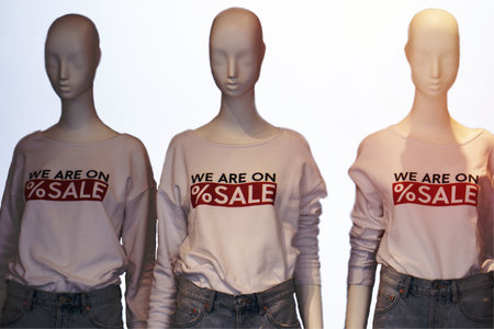 ronda,malaga,spain, june 28th, 2022 three mannequins with a sweater that says we are on sale ,sales...