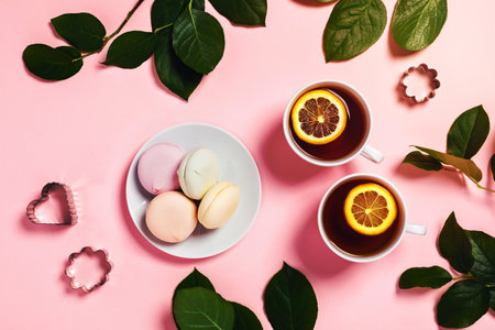 Tea brake set - two cups of tea with lemon and rose leaves with marshmallows on a pink background. Flat lay, top view.の写真素材