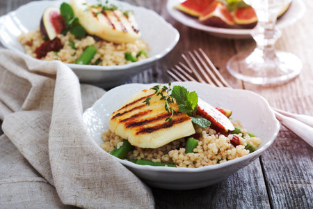 Couscous salad with green beans, figs and cheeseの写真素材