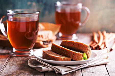 Gingerbread warm and spicy loaf cake with hot tea