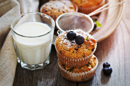 Gluten free almond and oat muffins with apple and chocolate chipsの写真素材