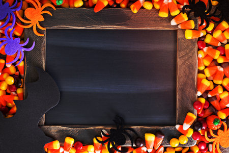 Halloween candy frame copy space with chalkboard