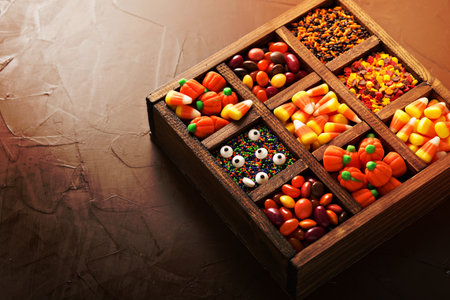 Assorted Halloween candy in a wooden box