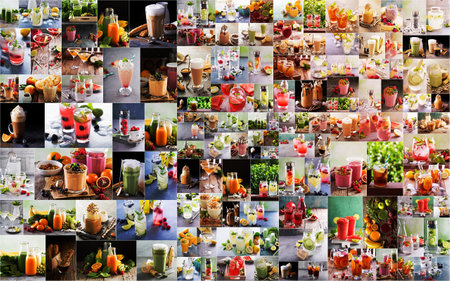 Large collage with various warm and hot delicious drinksの写真素材