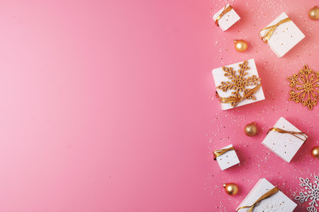 Christmas decorations with packaging gifts and balls on pink background. Flat lay, copy spaceの写真素材