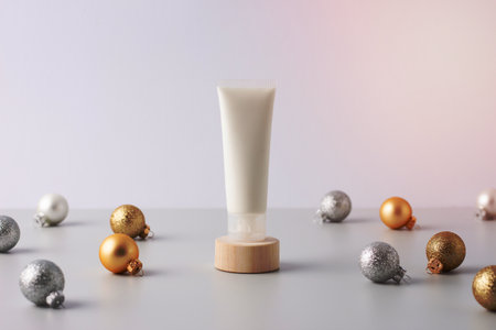 Christmas cosmetic product display. Cosmetic cream on podium with Christmas balls. Close up, copy spaceの写真素材