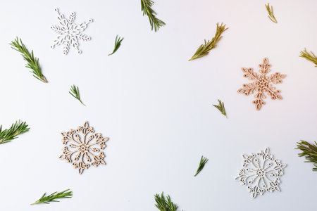 Christmas decorations with rosemary on white background. Flat lay, copy spaceの写真素材