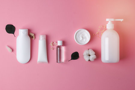 Cosmetic composition with skin care products on pink background. Flat lay, copy spaceの写真素材
