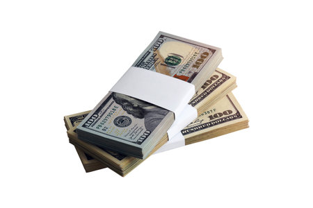 Bundle of US dollar bills isolated on white. Pack of american money with high resolution on perfect...
