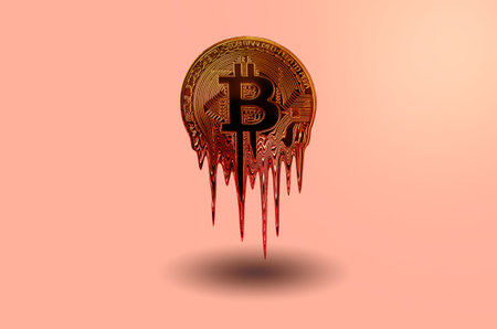 Melted bitcoin metal golden coin is melting on pink background. Hot price or value and high exchange rate of crypto currency. Crisis and fall to lose investments due to financial riskの写真素材
