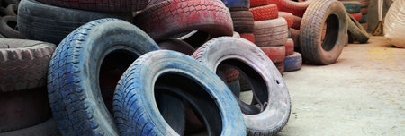 A picture of many old used tires left on a waste dump. The picture of an ecological problem and...