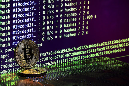The digital process of cryptocurrency mining by using the GPUs. Bitcoins and video card on a working...