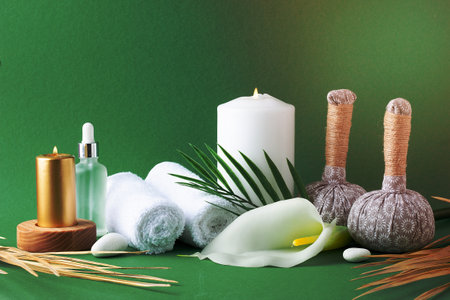 Spa treatment with herbal bag, candles and palm leaf on green background. Close up, copy spaceの写真素材