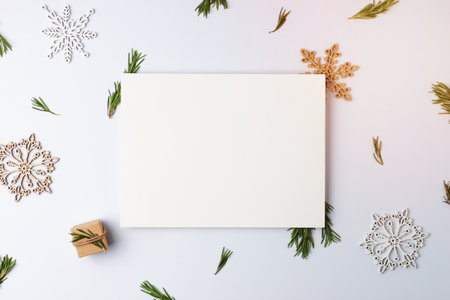 Zero waste Christmas natural decoration with white mock up frame on white background. Flat lay, copy spaceの写真素材