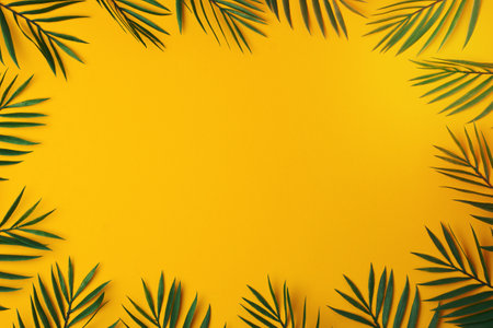 Yellow background with palm leaves. Flat lay, copy space