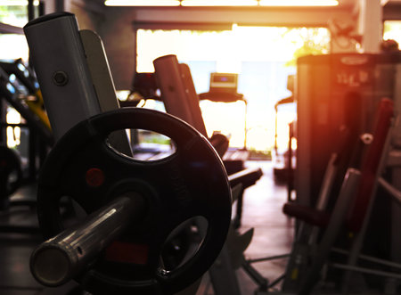 gym interior with weightlifting equipmentの写真素材