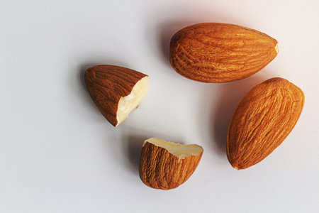 Raw Organic almonds on rustic wood table.Top view.の写真素材