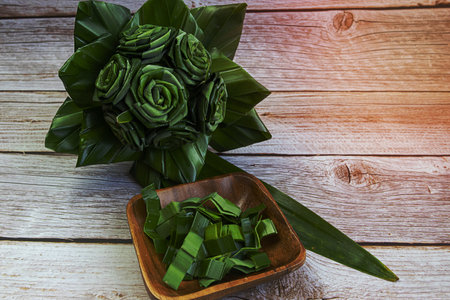 Pandan Leaves, Fragrant Pandan, Pandom wangi on wooden background, top viewの写真素材