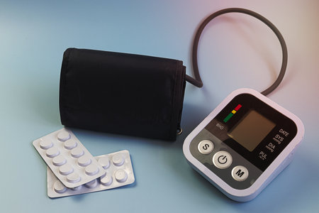 Medical tonometer for measuring blood pressure on blue background. Health care and Medical conceptmの写真素材