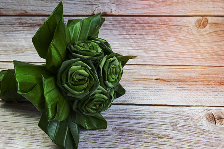 Pandan Leaves, Fragrant Pandan, Pandom wangi on wooden background, top viewの写真素材
