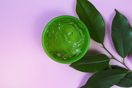 Open cream with green leaf on background. Organic skin care concept with green leaves. top viewの写真素材