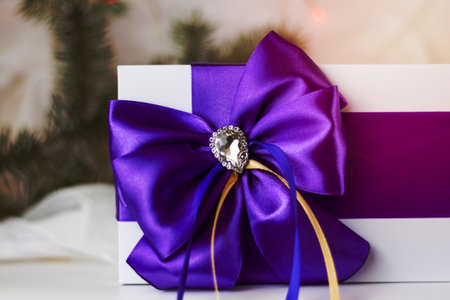 A Christmas gift decorated with a beautiful bow on a light background with a fir twig. Gifts, joy, surprise. Selective focus. the concept of Christmas and New Year. background for the banner.の写真素材