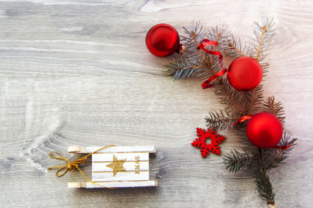 Happy New year and merry Christmas. Christmas background with decorations. The spruce branch is...