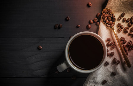 Hot coffee cup with coffee beans on the wooden tableの写真素材