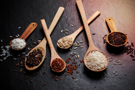 Mixed rice, White rice, Jasmine rice, Black rice, Brown rice, Riceberry and Raw rice in wooden spoon over black desk backgroundの写真素材