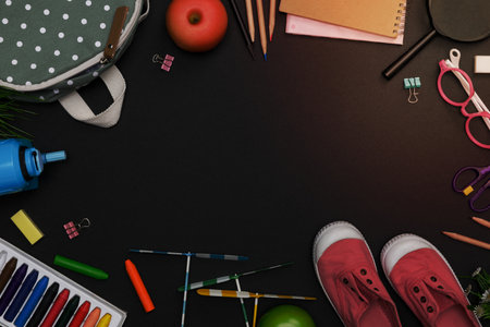 Top view mockup of Education's accessories with backpack, student books, shoes, colorful crayon, eye...