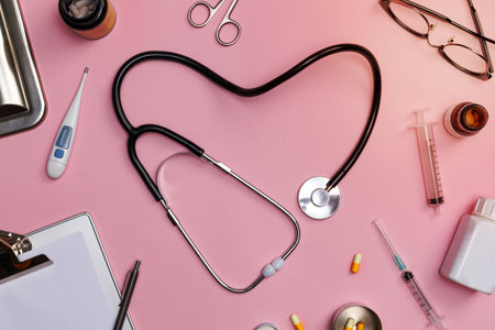 Stethoscope in shape of heart with medical documents, thermometer, syringe and pills on pink table background, Good health from Doctor concept, Top view with copy space, Isolated on pinkの写真素材