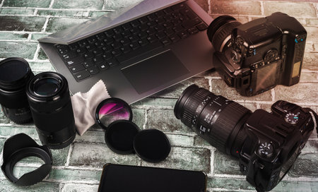 photo camera computer and accessoriesのeditorial素材