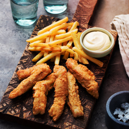 Crispy Fish and Chips with Tartar Sauce Traditional British food on a wooden boardの写真素材