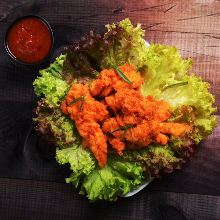 chciekn loins with tomato sauce and saladの写真素材