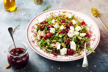 Salad with arugula, cherries and goat cheese on a blue backgroundの写真素材