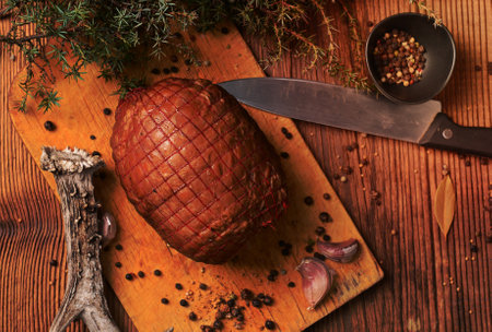 Homemade ham on wooden backgroundの写真素材