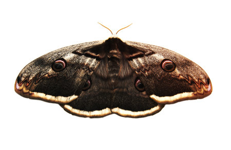giant peacock moth isolated on a white backgroundの写真素材