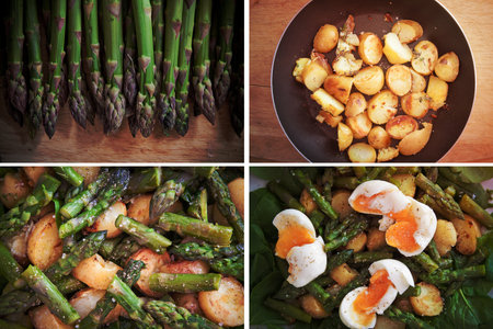 A set of images with ingredients and final result for a delicious, healthy spring salad with asparagus, roast potatoes with thyme, eggs and spinach.の写真素材