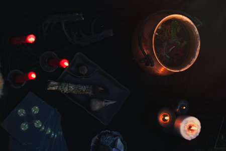 Close up preparing for occult practice concept photo. Dark witchcore aesthetic. Top view photography with blurred background. High quality picture for wallpaper, travel blog, magazine, articleの写真素材