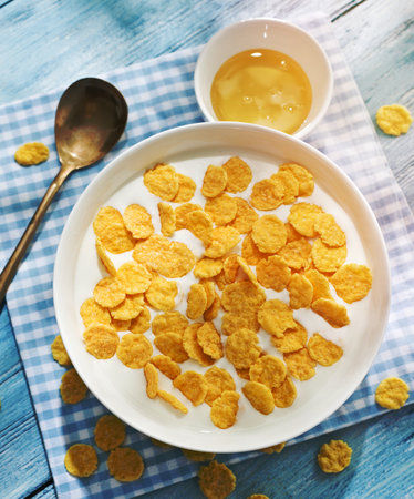 Cornflakes cereal and milk. Morning breakfast.の写真素材
