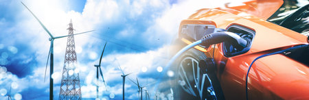 Double exposure of electric car charge battery with wind turbine pole and blue sky blur bokeh on panoramic background. Idea nature electric energy to generate electricity. Green energy eco concept.の写真素材